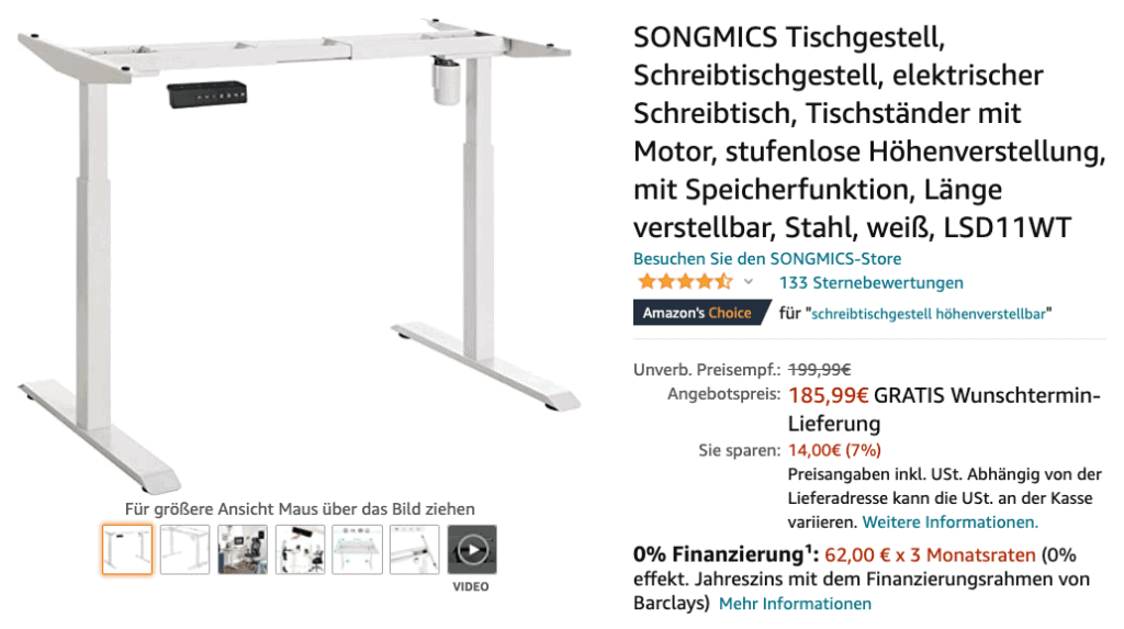 Höhenverstellbares Tischgestell von Songmics für 186€ auf Amazon