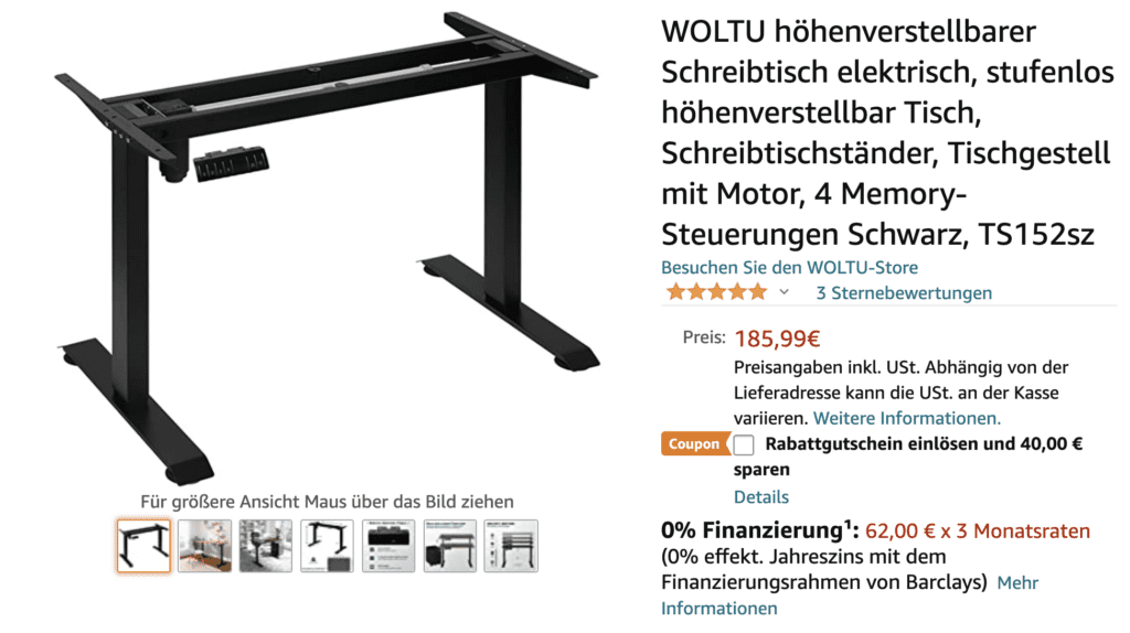 Höhenverstellbares Tischgestell für 146€ abzüglich Rabatt von Woltu auf Amazon