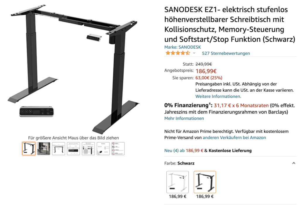 Flexispot EZ1 - Elektrisch höhenverstellbares Tischgestell in Schwarz und Weiß