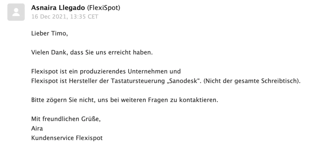 Anfrage Flexispot Support nach dem Namen Sanodesk