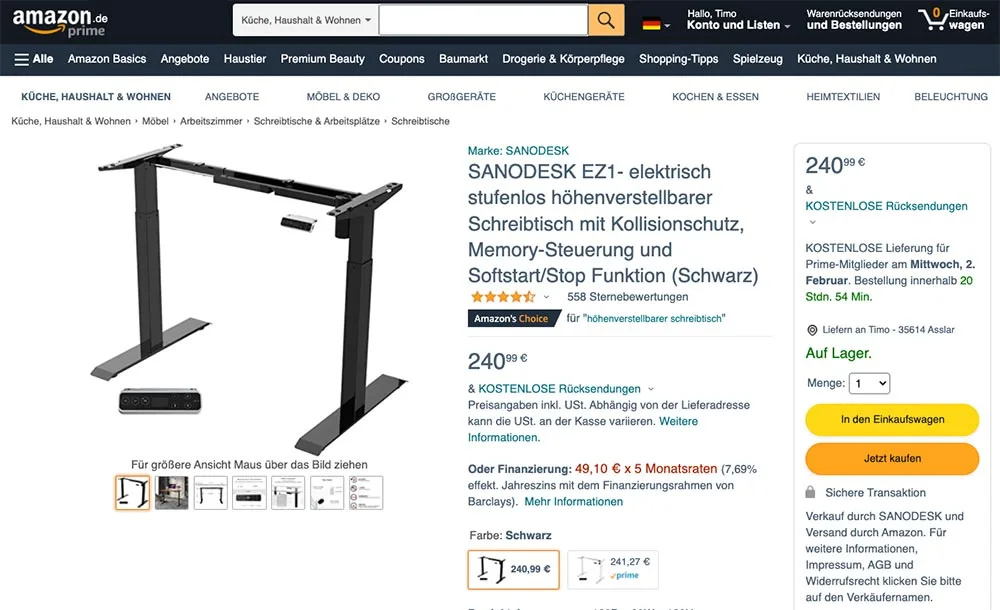 Sanodesk EZ1 höhenverstellbares Schreibtischgestell auf Amazon.de