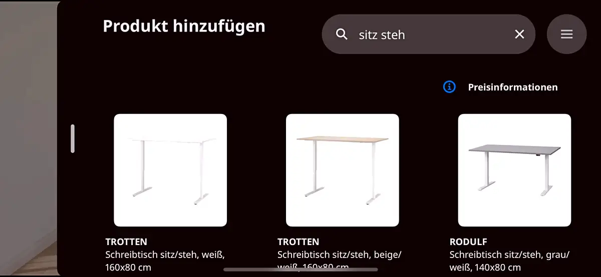 IKEA App - Sitz Steh Schreibtisch suchen & auswählen