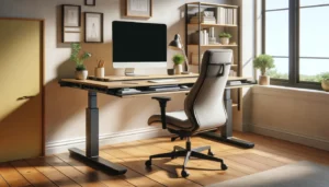 Ergonomischer Arbeitsplatz mit höhenverstellbaren Schreibtisch und ergonomischen Bürostuhl