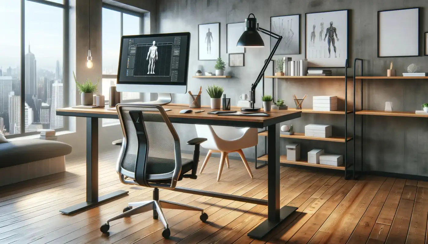 Höhenverstellbarer Schreibtisch in modernem Büro mit Echtholzboden