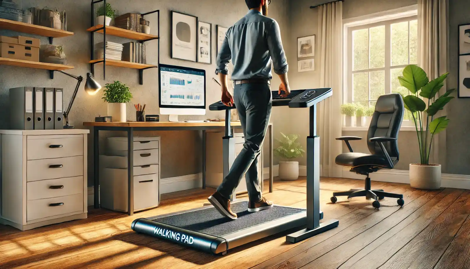 Walking pad in a home office with höhenverstellbarer Schreibtisch
