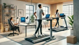 Walking pad under a standing desk in a home office