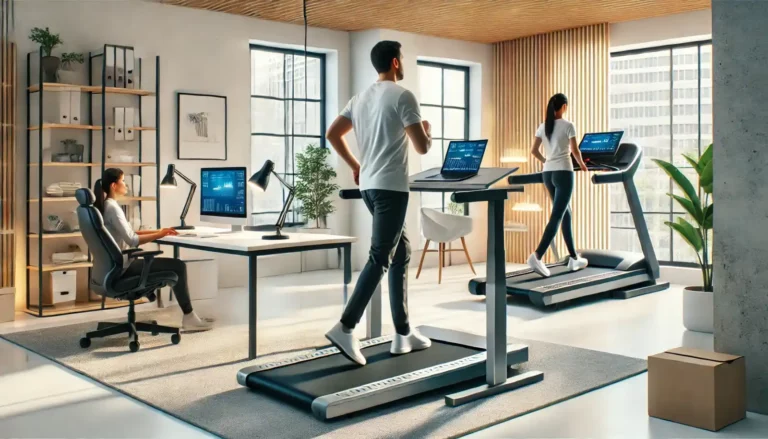 Walking pad under a standing desk in a home office