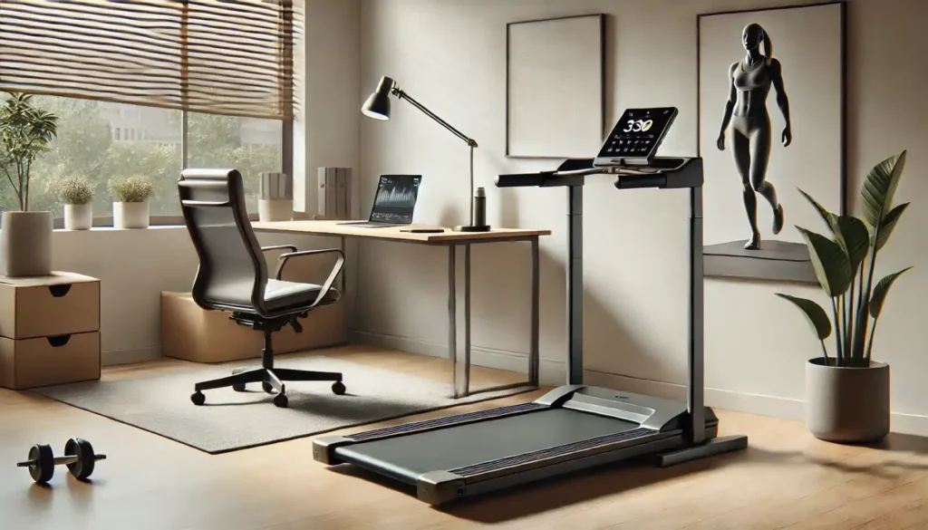 Sleek walking pad and foldable treadmill in home office