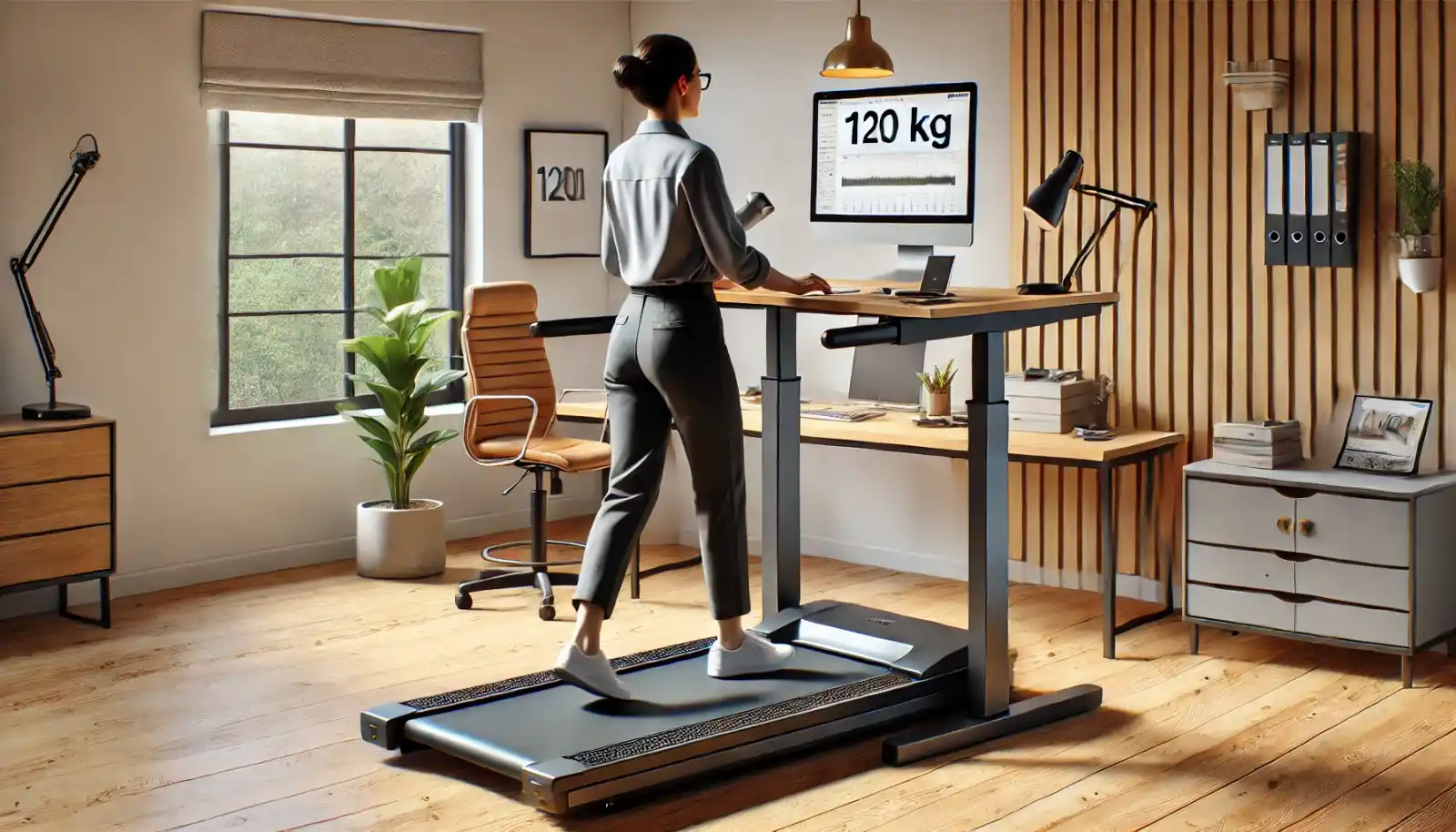 Ein Walking Pad 120 kg und höhenverstellbarer Schreibtisch in einem modernen Arbeitsbereich