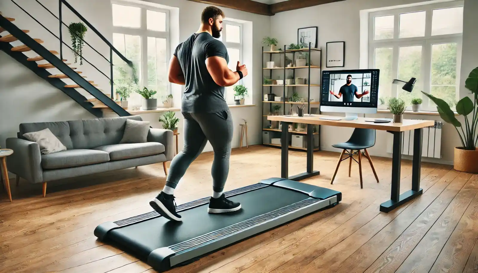 150 kg schwerer Mann läuft auf einem Walking Pad am Schreibtisch