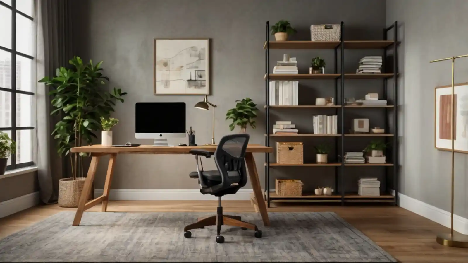 Home office setup with desk and shelves