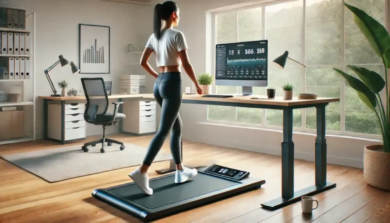 Person using a walking pad with a standing desk in a modern home office