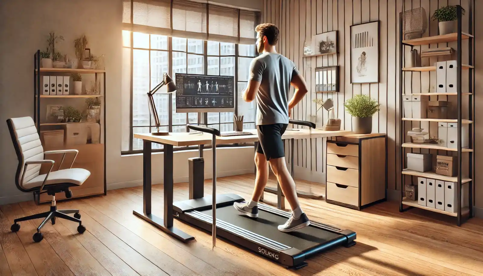 Mann läuft auf einem Laufband in einem modernen Homeoffice mit großen Fenstern.