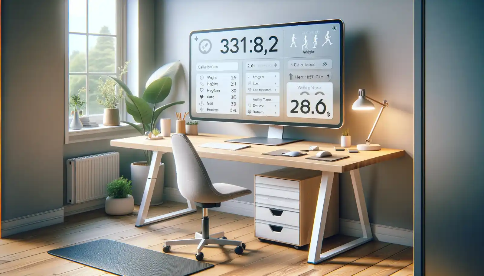 Ultrabreiter Monitor zeigt Kalorienrechner in einem minimalistischen Büro.