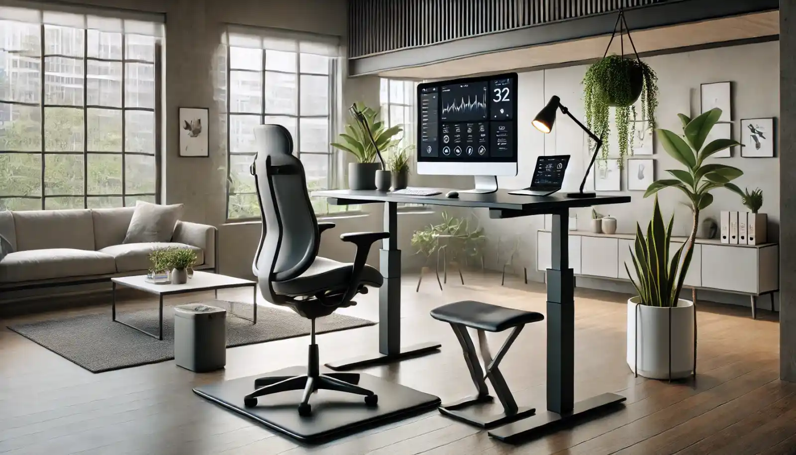 Ergonomisches Büro mit höhenverstellbarem Schreibtisch und Walking Pad.