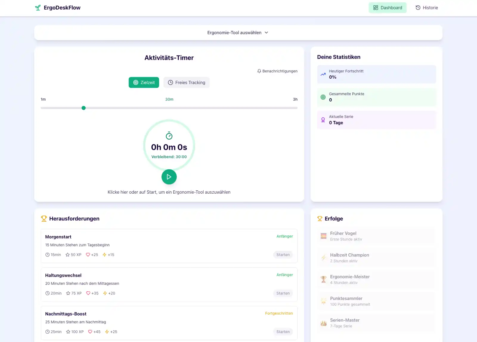 Dashboard von ErgoDeskFlow mit ergonomischen Features