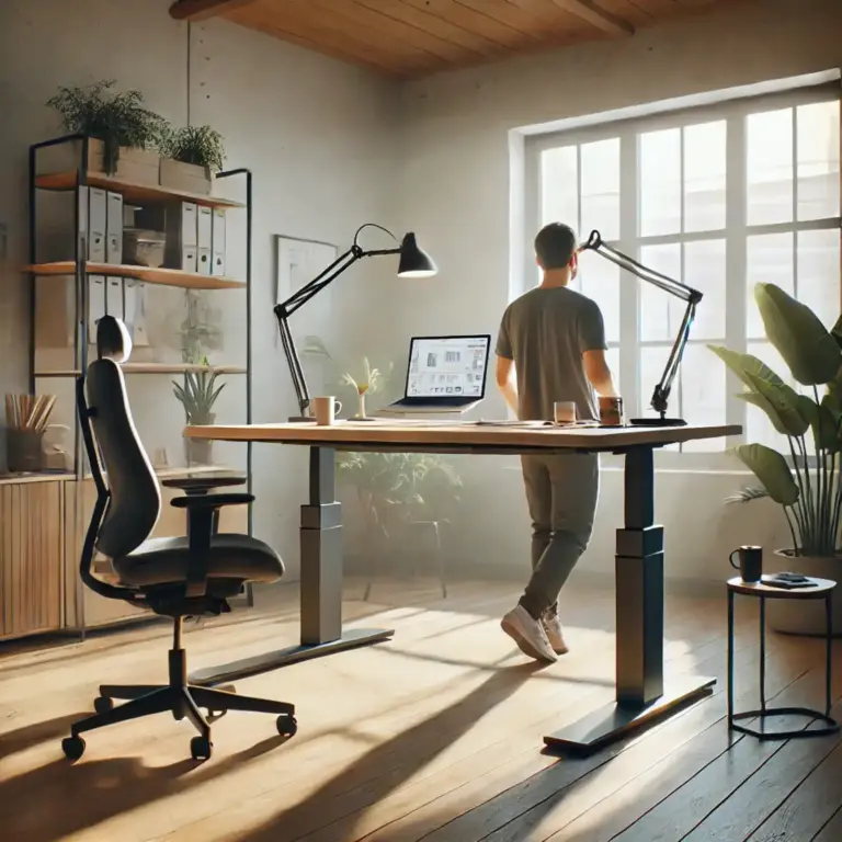 Ergonomischer Arbeitsplatz mit Stehschreibtisch, Homeoffice-Umgebung mit Tageslicht, Bürostuhl und Pflanzen