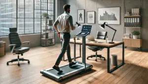 Mann nutzt ein Walking Pad in einem modernen Büro mit höhenverstellbarem Schreibtisch